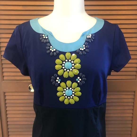 Boden embellish jeweled neckline Color block dress 14 blue black - Picture 6 of 11